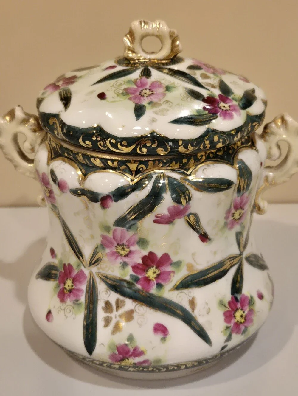 Hand-Painted Floral Porcelain Jar with Lid - Pink & Green